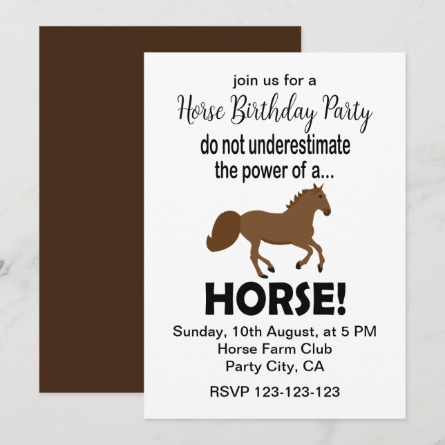 Invitación Fiesta de Cumpleaños de Caballo Divertido y Lindo  (Anverso / Reverso)