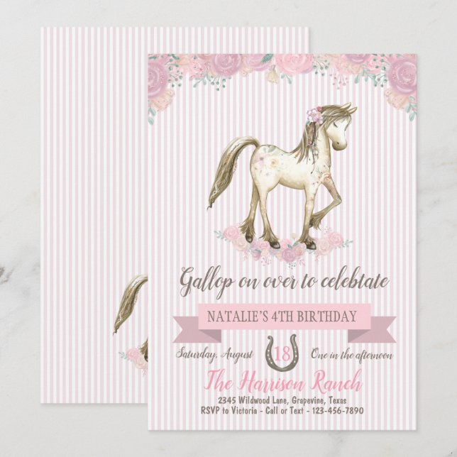 Invitación Fiesta de cumpleaños de caballo lindo (Anverso / Reverso)