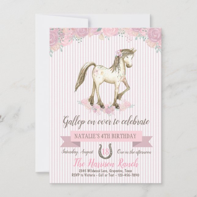 Invitación Fiesta de cumpleaños de caballo para niñas (Anverso)