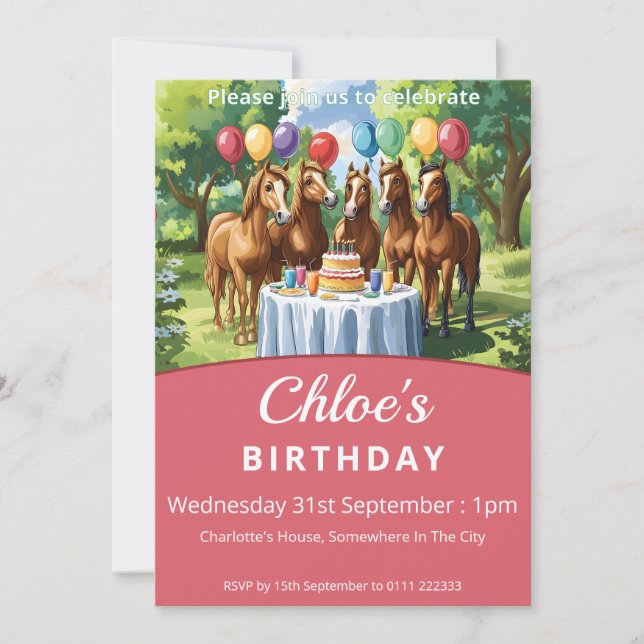Invitación Fiesta de cumpleaños de caballos (Anverso)