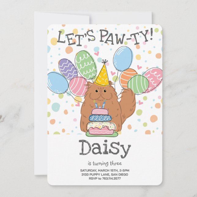 Invitación Fiesta de cumpleaños de cabello largo para gato pe (Anverso)