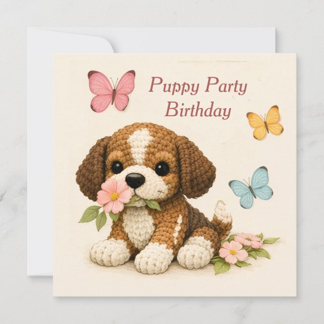 Invitación Fiesta de Cumpleaños de Cachorro Floral Mariposa (Anverso)