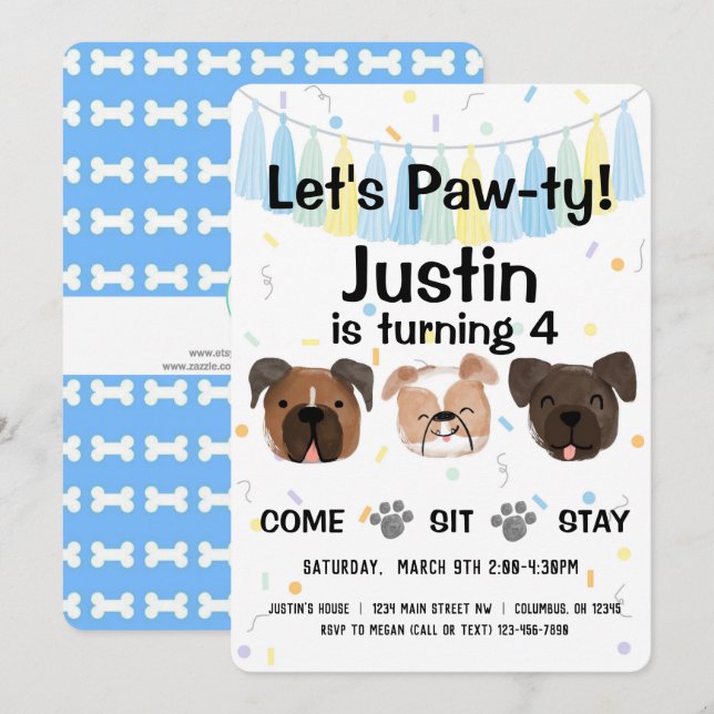 Invitación Fiesta de cumpleaños de cachorro neutral o niño (Anverso / Reverso)