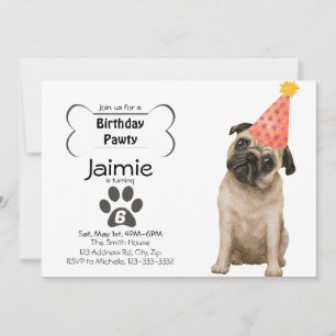 Invitación Fiesta de Cumpleaños de Cachorro Pug Adorable