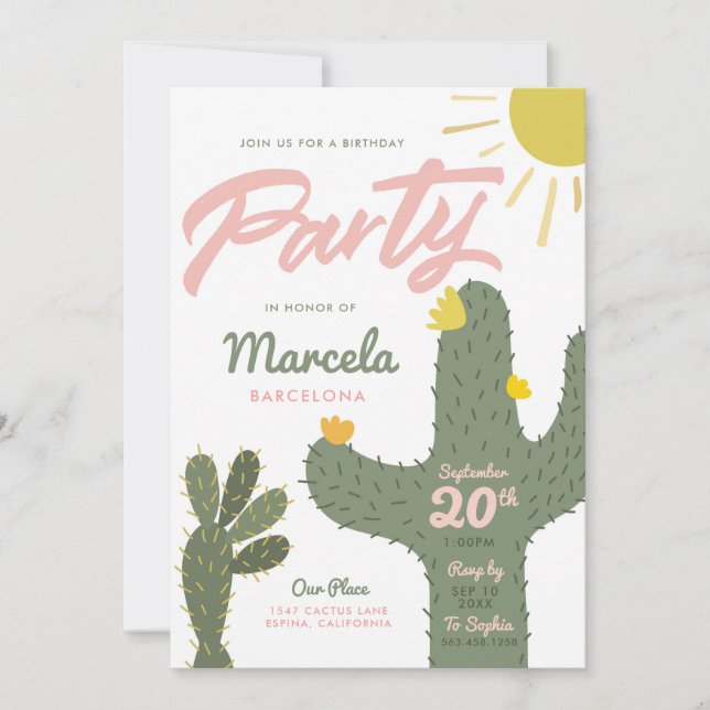 Invitación Fiesta de cumpleaños de Cactus (Anverso)