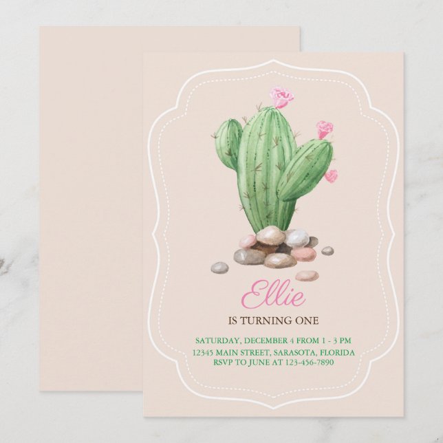 Invitación Fiesta de cumpleaños de Cactus Beige, crema modern (Anverso / Reverso)