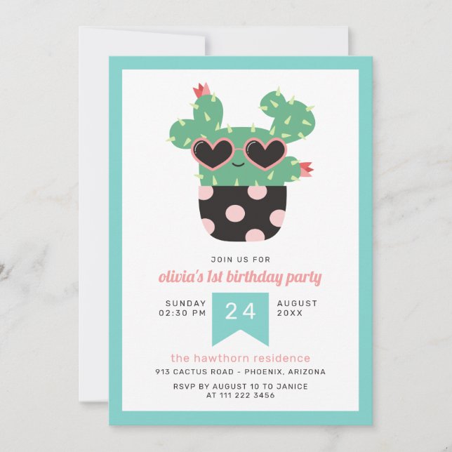 Invitación Fiesta de cumpleaños de Cactus Black Cute Rosa (Anverso)