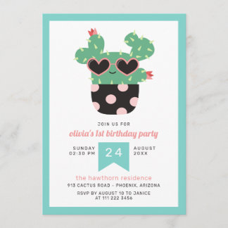 Invitación Fiesta de cumpleaños de Cactus Black Cute Rosa