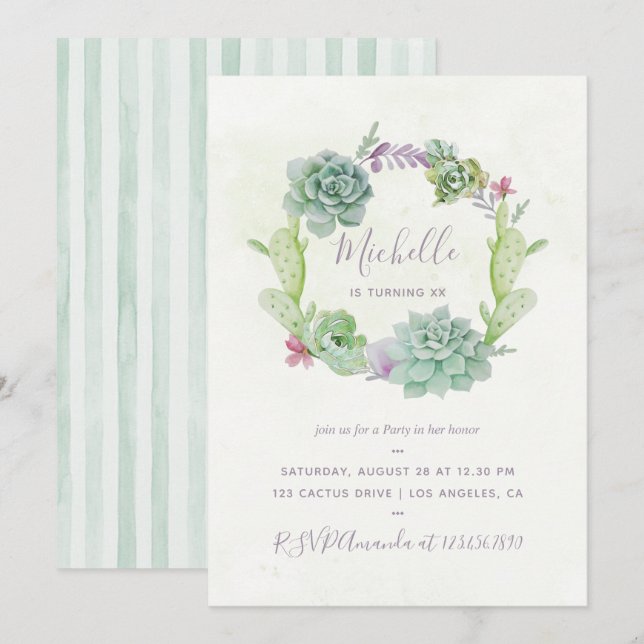 Invitación Fiesta de cumpleaños de cactus suculentos de acuar (Anverso / Reverso)