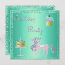 Invitación FIESTA DE CUMPLEAÑOS DE Cake DE Green Aqua Unicorn
