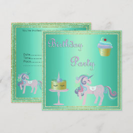 Invitación FIESTA DE CUMPLEAÑOS DE Cake DE Green Aqua Unicorn