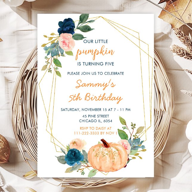 Invitación Fiesta de cumpleaños de calabazas melocotón y azul (Subido por el creador)
