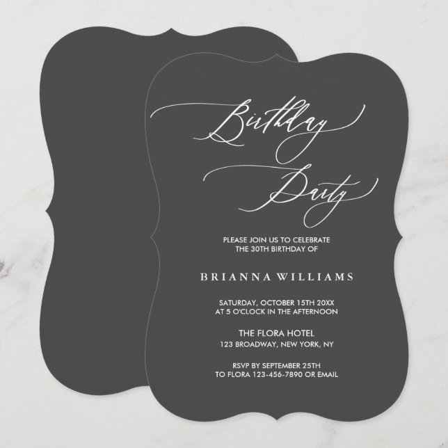 Invitación Fiesta de cumpleaños de caligrafía simple y elegan (Anverso / Reverso)