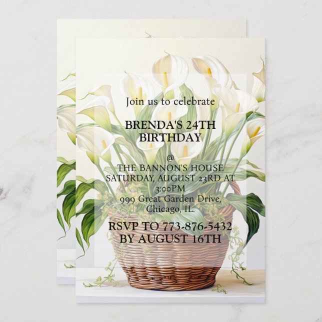 Invitación Fiesta de cumpleaños de Calla Lily plantada (Anverso / Reverso)