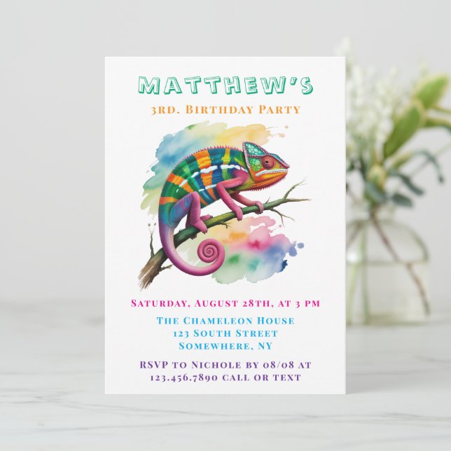 Invitación Fiesta de Cumpleaños de Camaleón Colorido con Acua (Anverso de pie)