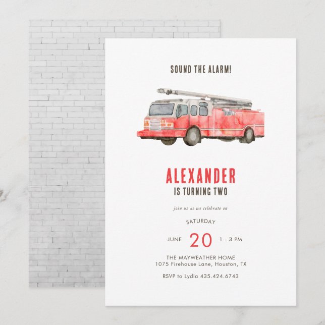 Invitación Fiesta de cumpleaños de Camión de Fuego (Anverso / Reverso)
