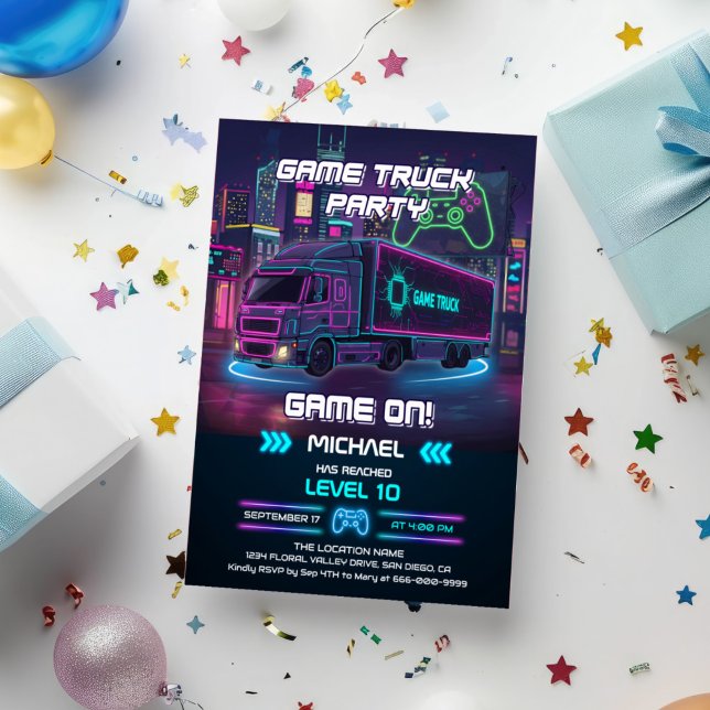 Invitación Fiesta de Cumpleaños de Camión de Videojuegos para (Game Truck Birthday Party Invitation)