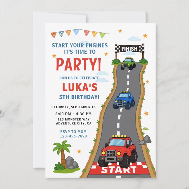 Invitación Fiesta de Cumpleaños de Camión Monstruo (Anverso)