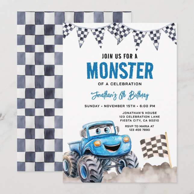 Invitación Fiesta de Cumpleaños de Camión Monstruo Azul Acuar (Anverso / Reverso)