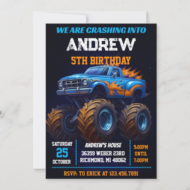 Invitación Fiesta de Cumpleaños de Camión Monstruo Personal p (Anverso)
