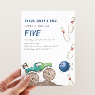 Invitación Fiesta de cumpleaños de camión monstruo y bolos