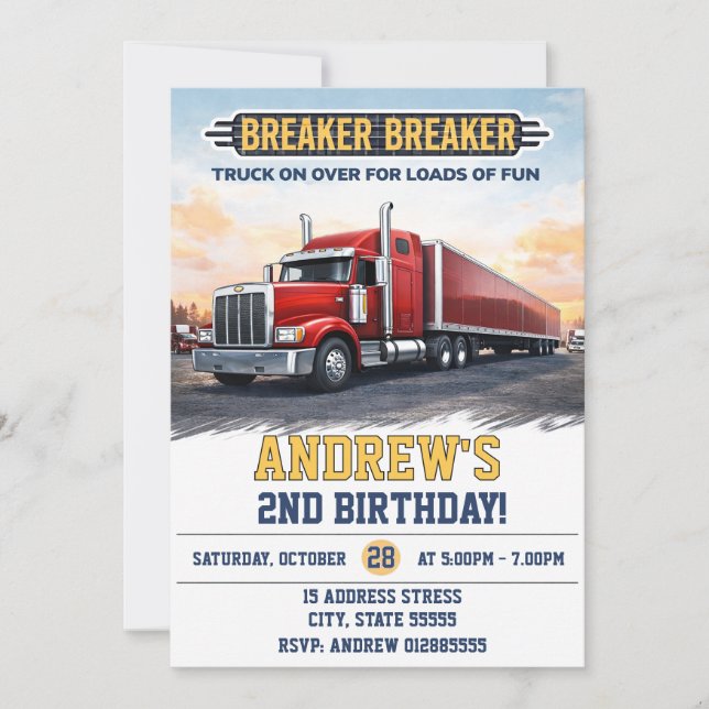 Invitación Fiesta de cumpleaños de camión semi personalizado (Anverso)