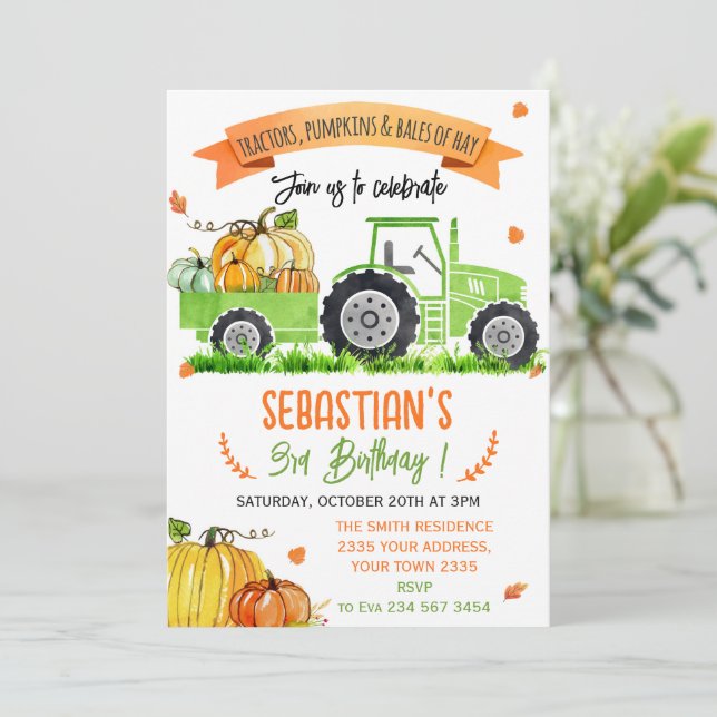 Invitación Fiesta de Cumpleaños de Camión Tractor de Calabaza (Anverso de pie)