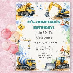 Invitación Fiesta de Cumpleaños de Camiones de Construcción a