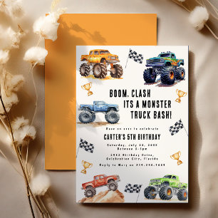 Invitación Fiesta de Cumpleaños de Camiones Monstruo para Niñ