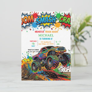 Invitación Fiesta de Cumpleaños de Camiones Monstruo para Niñ