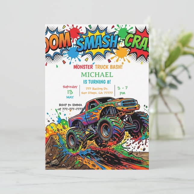 Invitación Fiesta de Cumpleaños de Camiones Monstruo para Niñ (Anverso de pie)