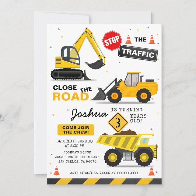 Invitación Fiesta de cumpleaños de camionetas de construcción (Anverso)