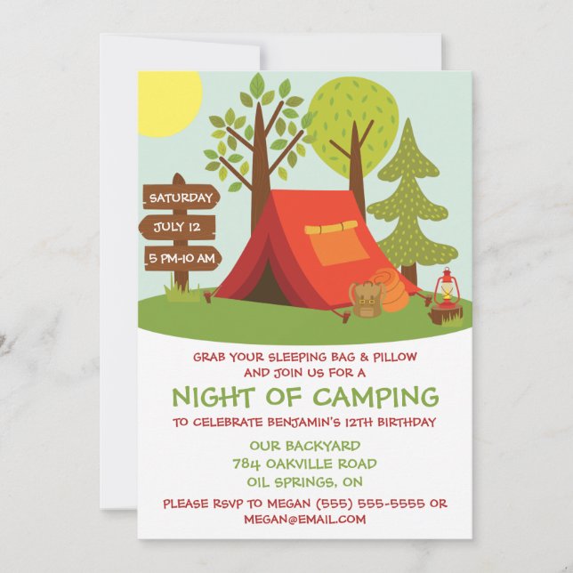 Invitación Fiesta de cumpleaños de Camp Out (Anverso)