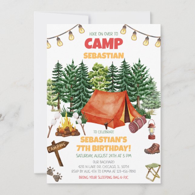 Invitación Fiesta de Cumpleaños de Camping (Anverso)