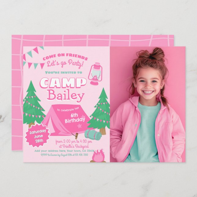 Invitación Fiesta de cumpleaños de Camping (Anverso / Reverso)