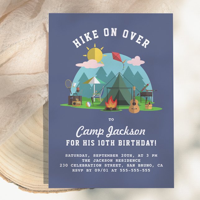 Invitación Fiesta de cumpleaños de camping azul marino modern (Subido por el creador)