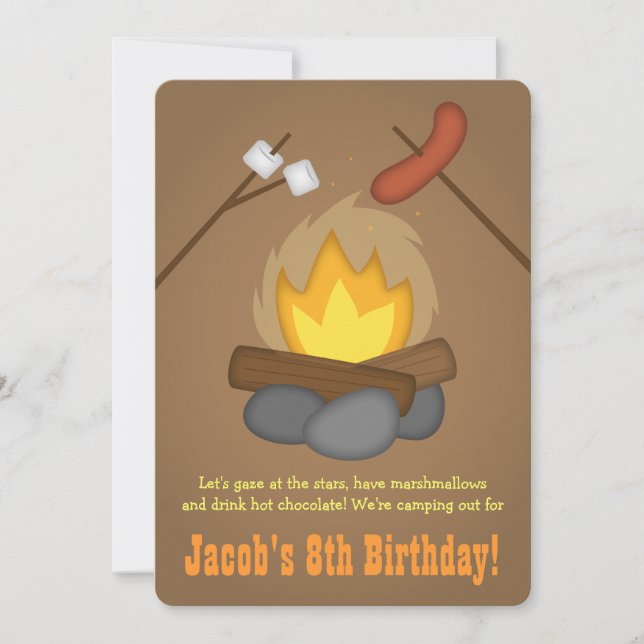 Invitación Fiesta de Cumpleaños de Camping con Hoguera (Anverso)