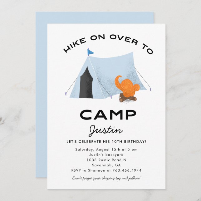 Invitación Fiesta de cumpleaños de Camping de Tiendas Azules (Anverso / Reverso)