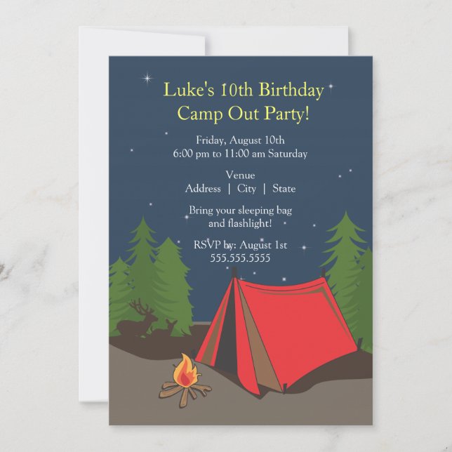 Invitación Fiesta de cumpleaños de camping| Niño (Anverso)