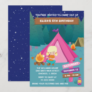 Invitación Fiesta de cumpleaños de camping nocturno Chica de 