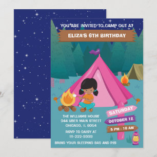 Invitación Fiesta de cumpleaños de camping nocturno niña afro
