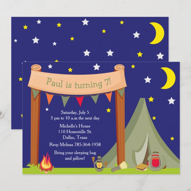 Invitación Fiesta de Cumpleaños de Camping Pernocta Verde Caq (Anverso / Reverso)