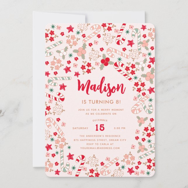 Invitación Fiesta de cumpleaños de Candy Cane Navidades (Anverso)