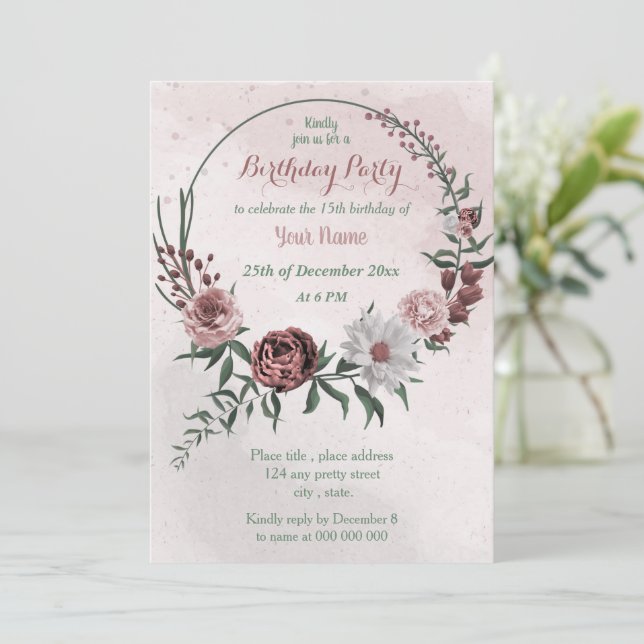 Invitación fiesta de cumpleaños de canela rosa floral blanca (Anverso de pie)