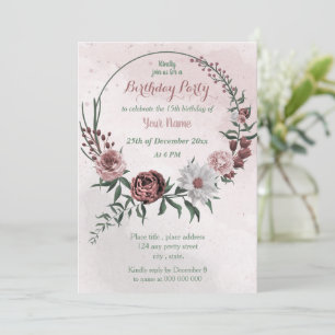 Invitación fiesta de cumpleaños de canela rosa floral blanca