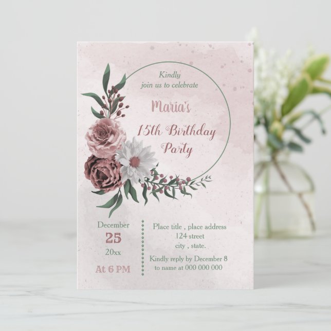 Invitación fiesta de cumpleaños de canela rosa floral blanca (Anverso de pie)