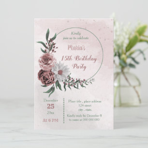 Invitación fiesta de cumpleaños de canela rosa floral blanca