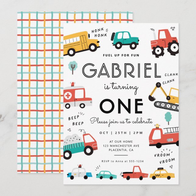 Invitación Fiesta de cumpleaños de Cars & Trucks City Transpo (Anverso / Reverso)