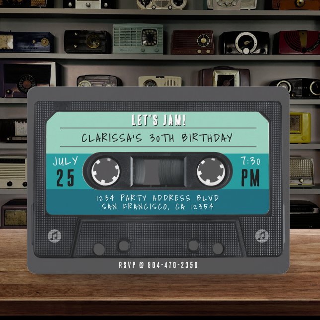 Invitación Fiesta de cumpleaños de Cassette Tape Blue Retro (Cassette Tape Blue Retro Birthday Party Invitation
)