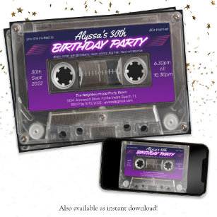 Invitación Fiesta de cumpleaños de Cassette Temática Retro 80